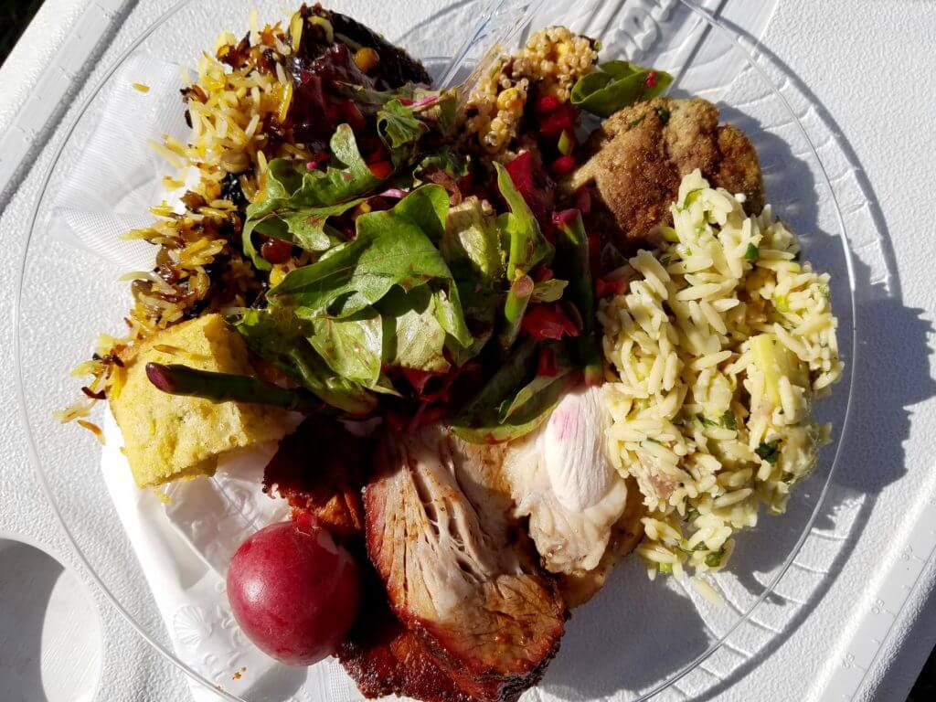 My plate. Crispy rice, cornbread, beet salad, falafel, artichoke rice, super-moist turkey and incredible Wheeler pork.