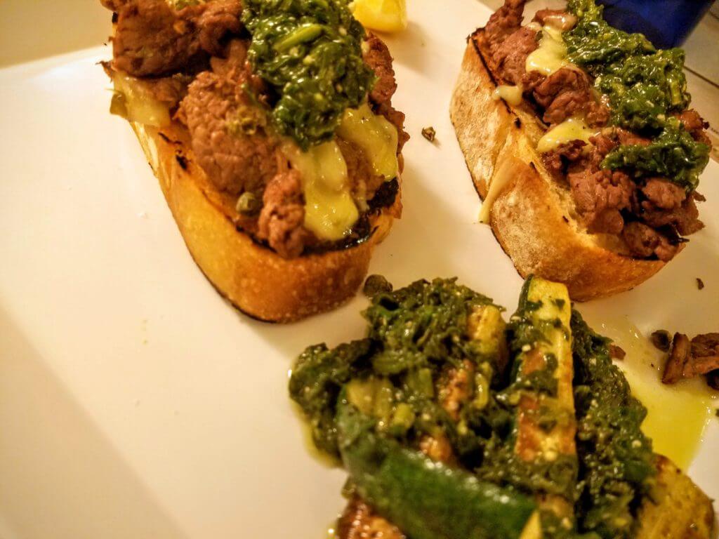 Our beef tartines with zucchini au pistou.