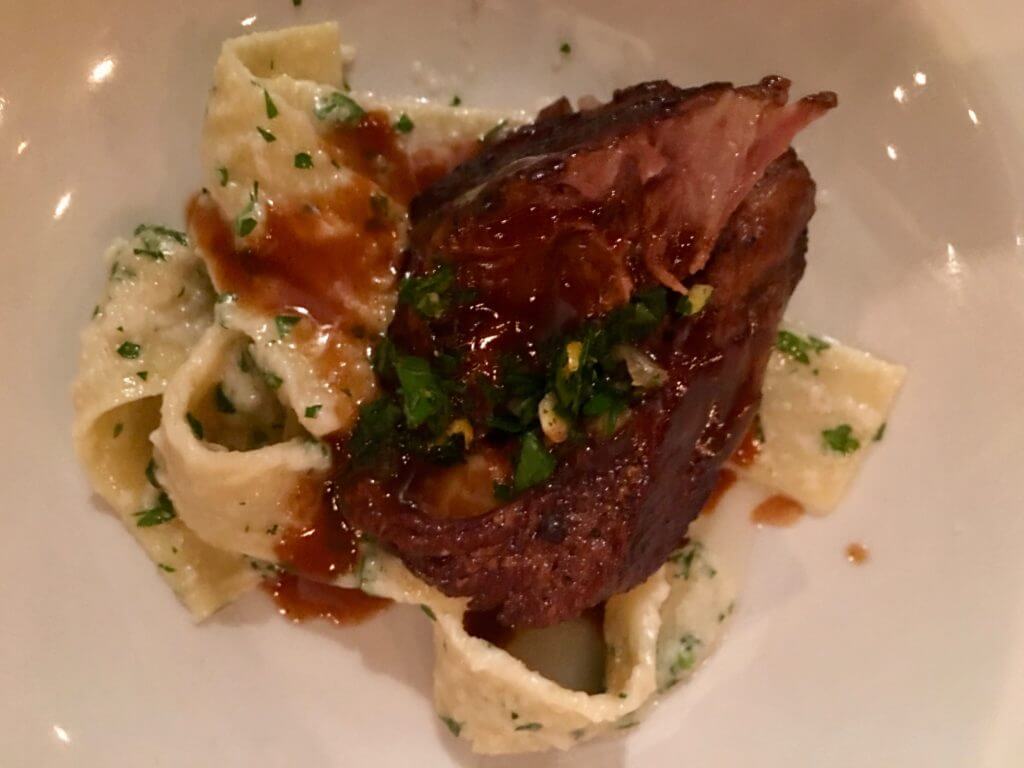 Banker's braised beef cheeks over hours-old pappardelle pasta. 